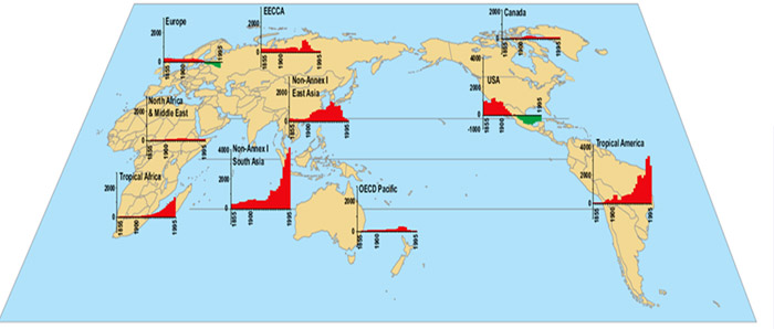 Forest carbon balances (MtCO2), 1855-2000.